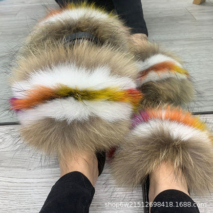 Fashionable Fox & Raccoon Fur Slides - Cozy Slip-Ons