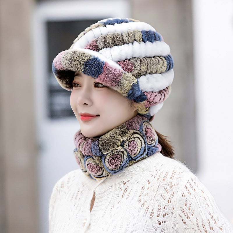 Warm Real Rabbit Fur Cap & Scarf Set - Stylish Winter Wear