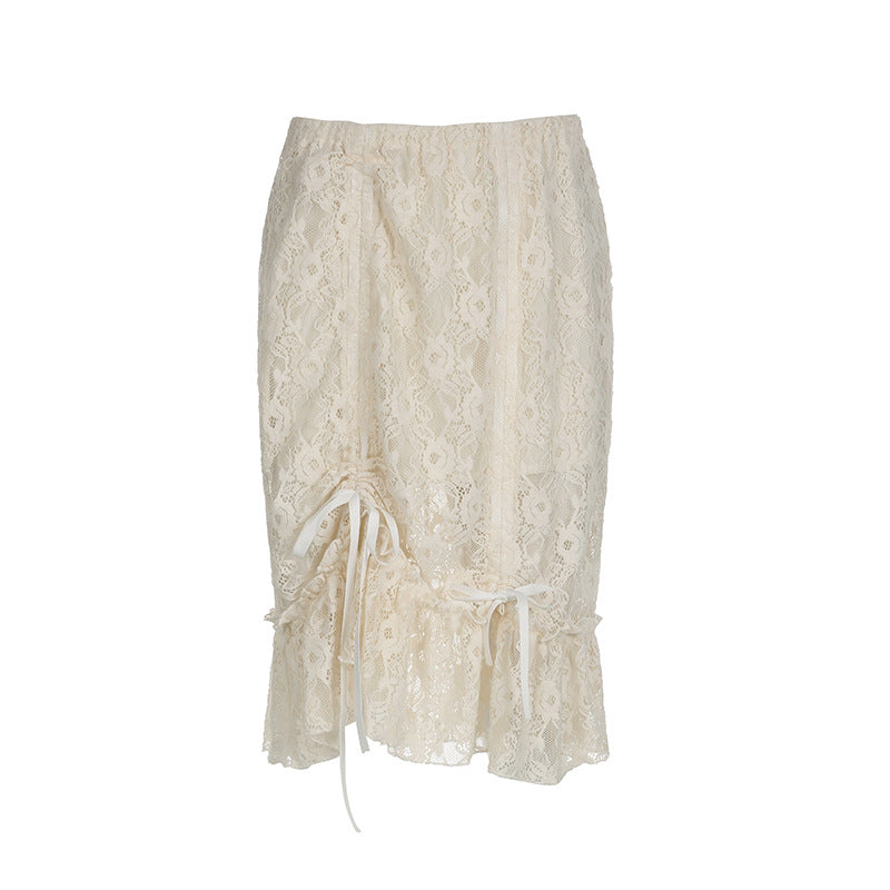 Elegant French Lace Drawstring A-line Mini Skirt