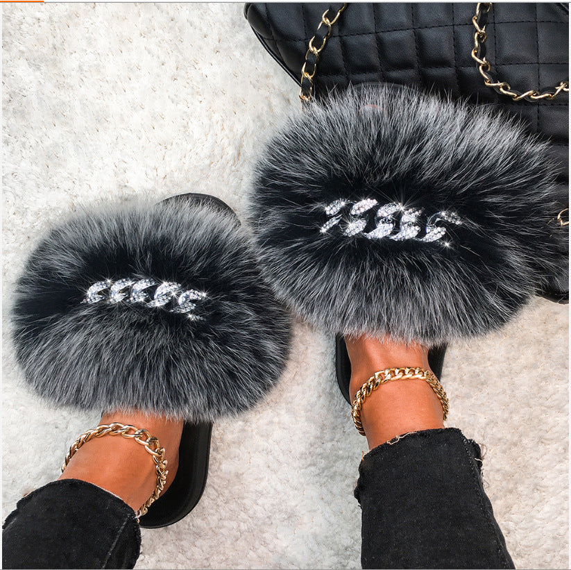 Womens Fuzzy Slippers, Fox Fur Inspired Sandals