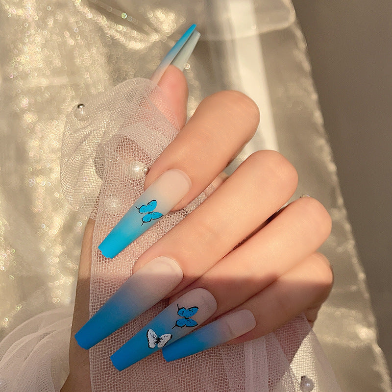 Long Matte Blue Butterfly Ballet Nail Extensions