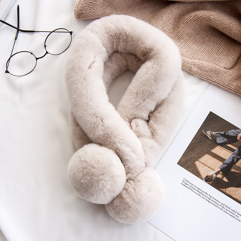 Cute Real Rabbit Fur Scarf with Pom Poms