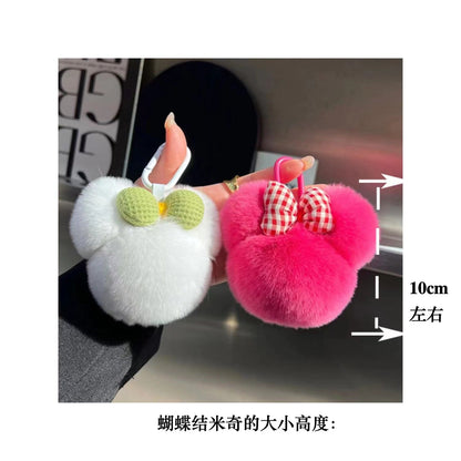 Cute Real Rabbit Fur Mickey Head Keychain with Bow