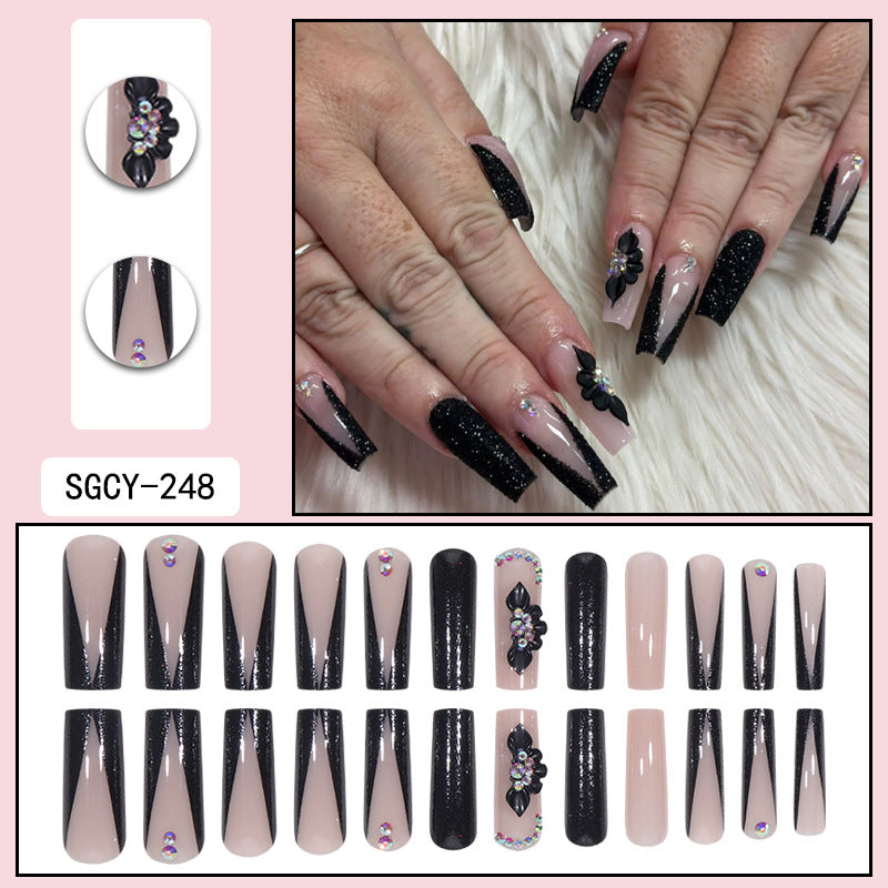 V-Shaped French Black Nail Tips with Sparkly Decor