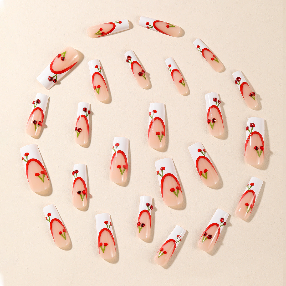 European Style White French Red Dot Diamond Cherry Detachable Fake Nails