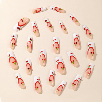 European Style White French Red Dot Diamond Cherry Detachable Fake Nails