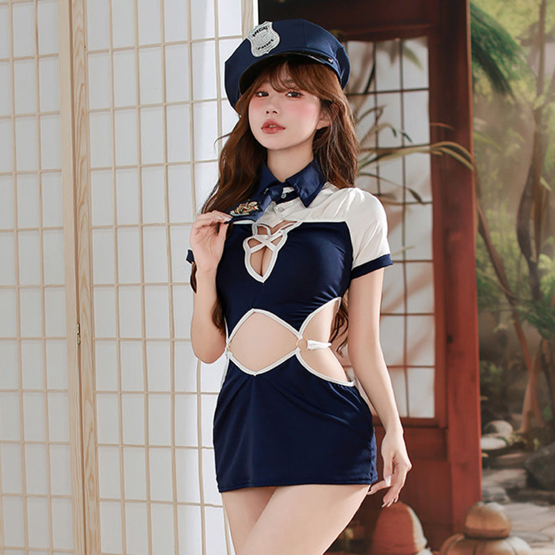 Sexy Stewardess Strap-on Dress Navy Suit Cosplay Lingerie