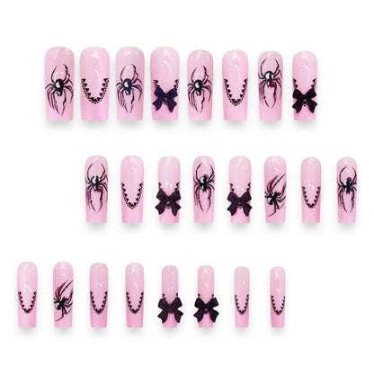 Pink Transparent Long Waterline Black Widow Spider French Nail Tips