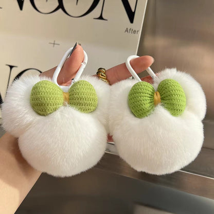 Cute Real Rabbit Fur Mickey Head Keychain with Bow