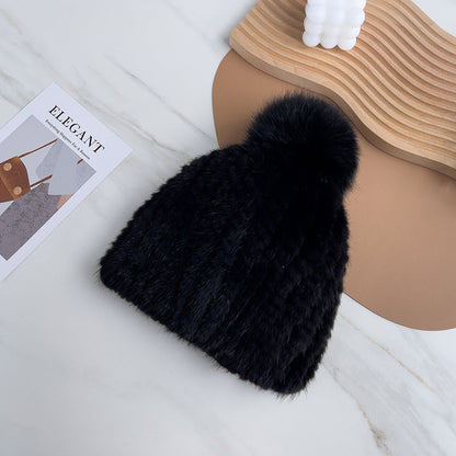 Versatile Mink Fur Knit Winter Hat with Fox Pom Pom