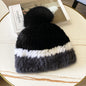 Women's Striped Fur Blend Hat with Real Rabbit Fur Pom Pom