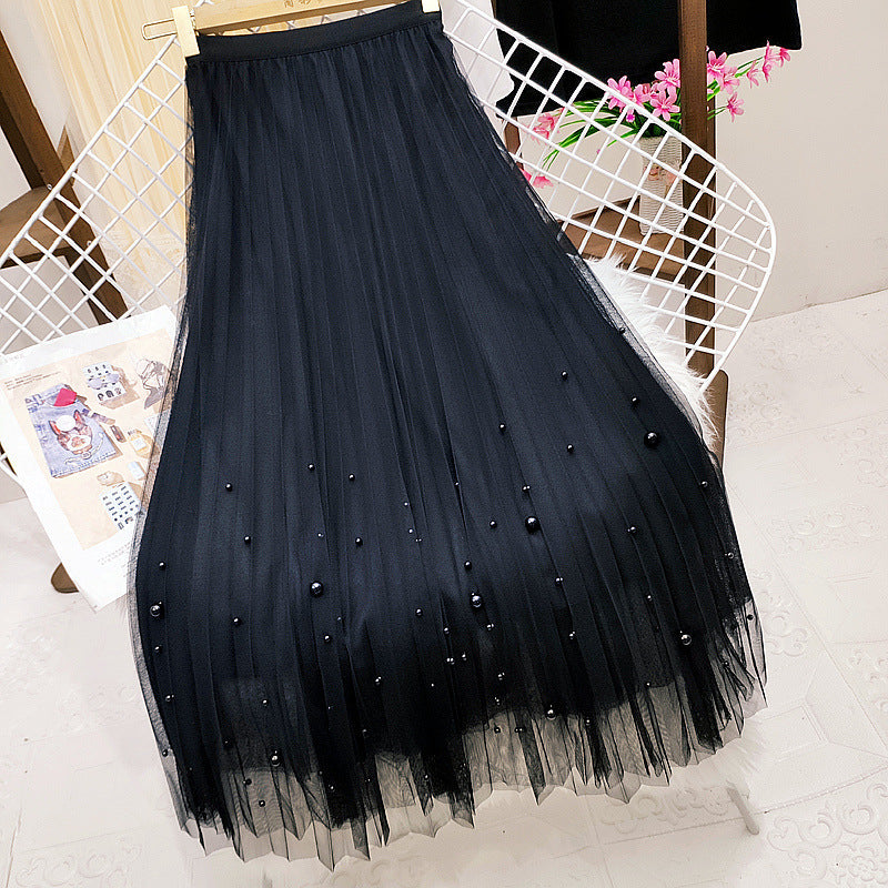 Heavy Industry Nail Bead Mesh Pleated High Waisted Skirt