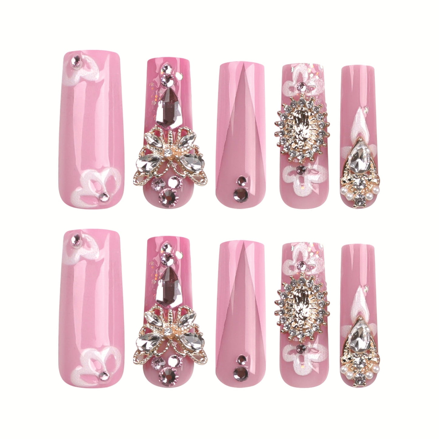 3D Diamond Flower Pink French Nails with Golden Butterflies