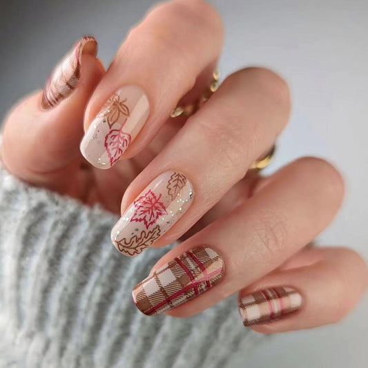 Autumn Brown Plaid Caramel Wave Thanksgiving Maple French UV Nail Tips