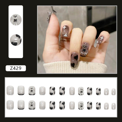 Sweet Cool Black Short Fall Nails - 3D Crystal Bear (24PCS)