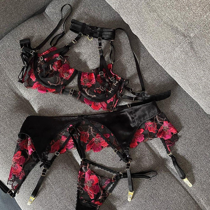 Sexy Embroidered 3-piece Hole Truth Lingerie Set