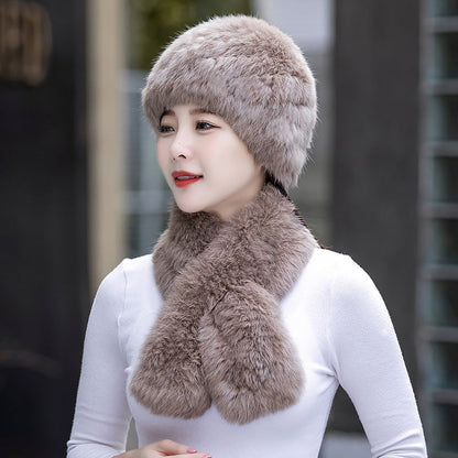 Warm Snow Rabbit Fur Ear Flap Hat & Scarf Set