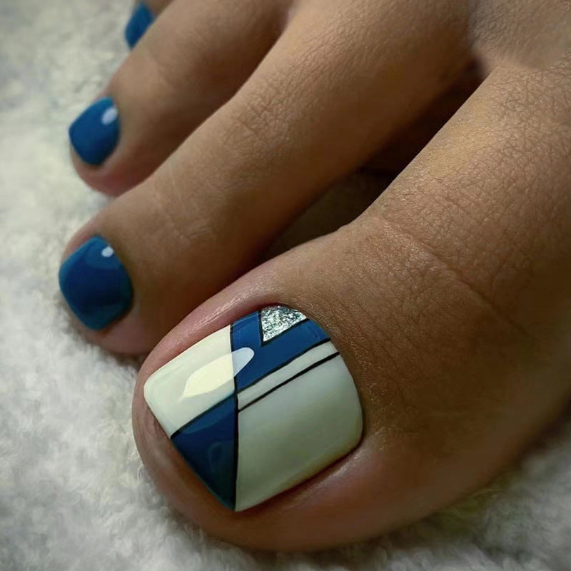 Simple Sea Blue Irregular Stripe Toe Nails