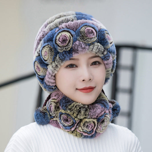 Warm Real Rabbit Fur Ear Flap Hat & Scarf Set