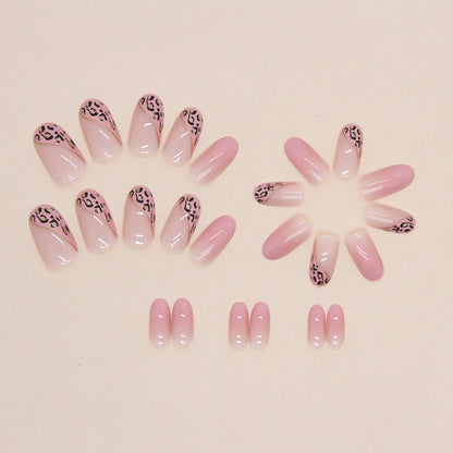 Tender Pink Gradual Change Sweet Girl Leopard Nails Round Head Fashion Fake Nails-homeunderwear