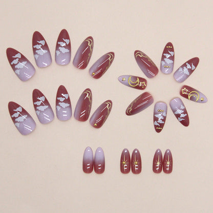 European Fashion Pink-Purple Gradient Almond Nails with Sky Clouds, Stars, Moon, and Diamonds