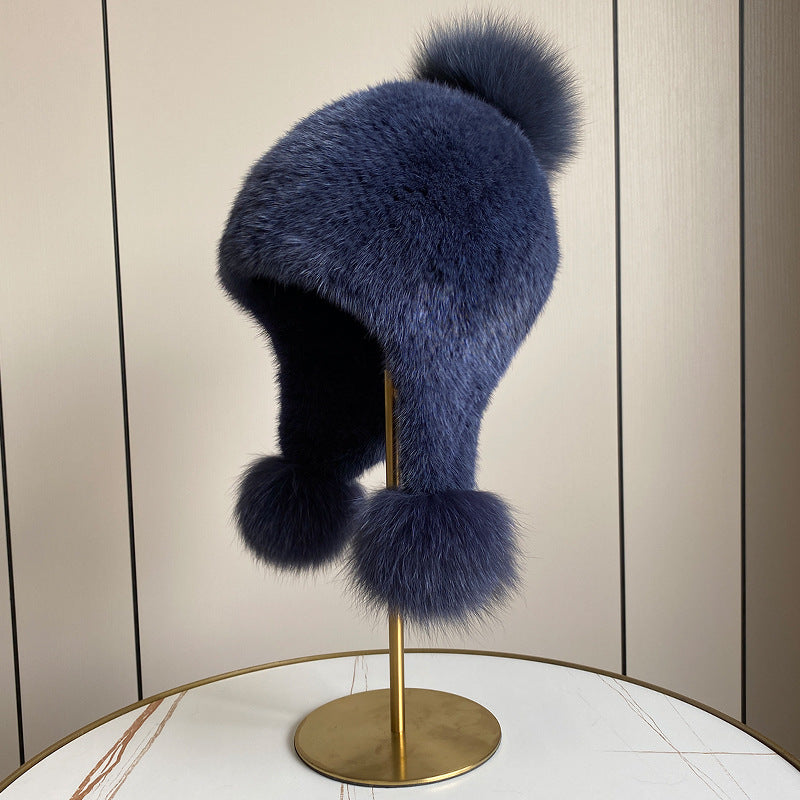 Warm Mink Fur Hat with Fox Fur Pom Pom - Winter Accessory