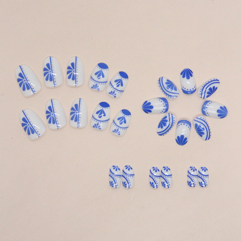 Oval Chinese Blue Porcelain Nails, Luxe Ins Style