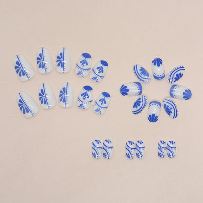 Oval Chinese Blue Porcelain Nails, Luxe Ins Style