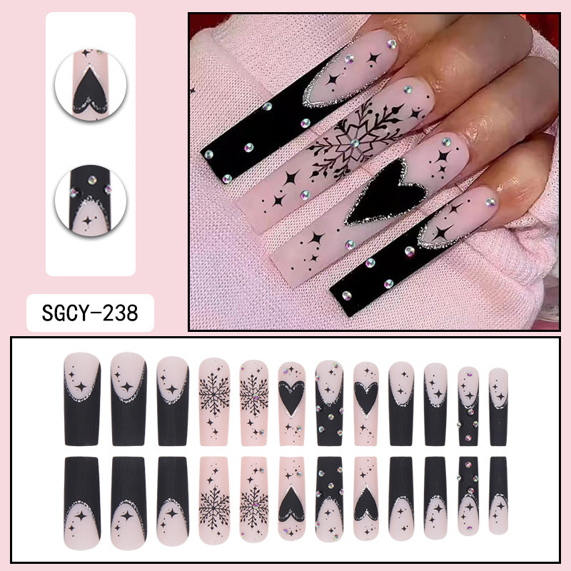 Black French Christmas Nails with Heart Snowflake Design