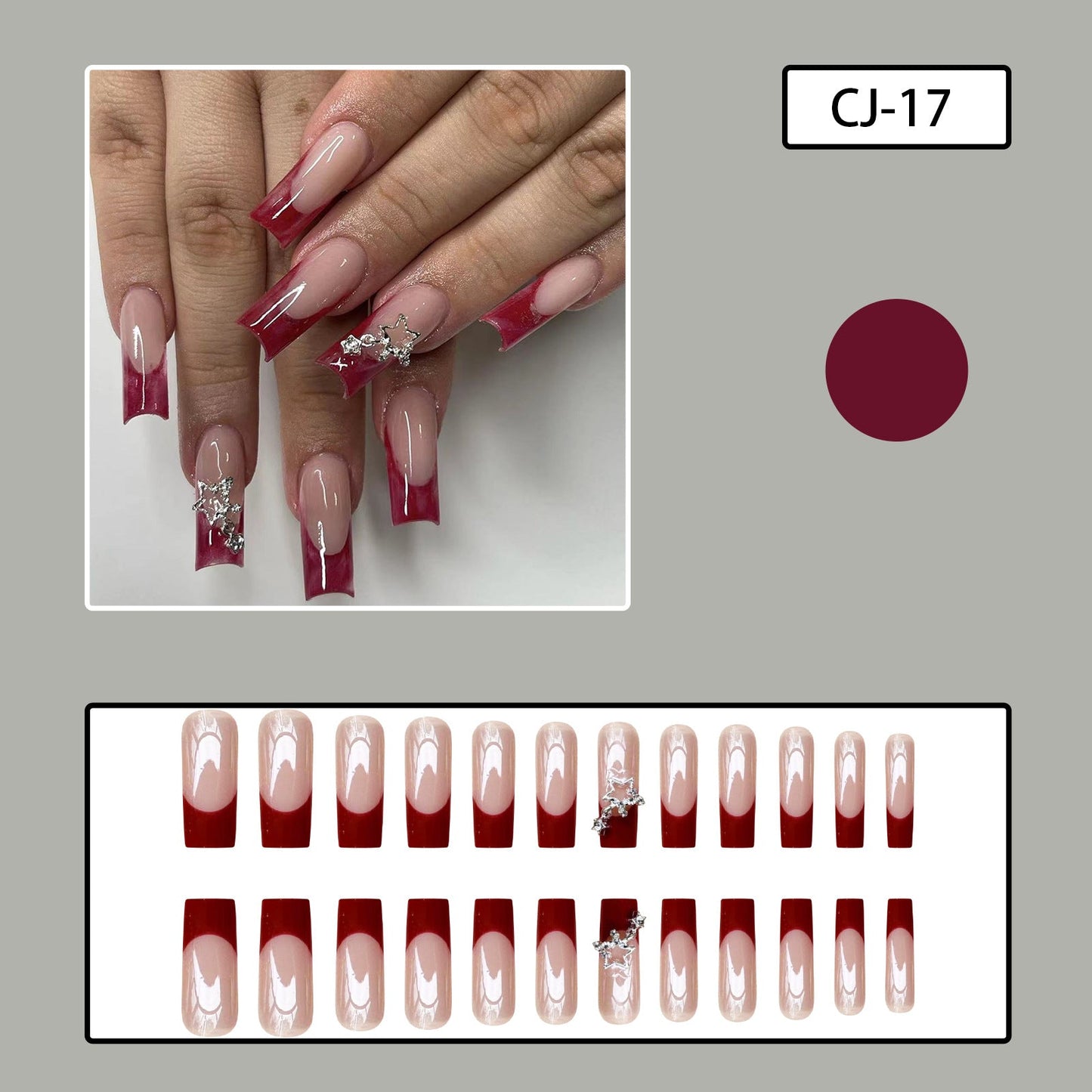 Halloween Blood Red French Long Tube Nail Tips with 3D Star Chain