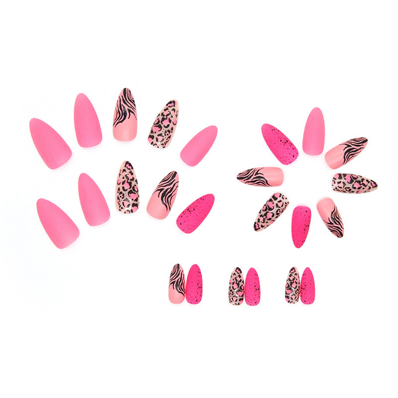 Almond Shape Pink Leopard Print Nails, Matte Finish, 24 Pieces