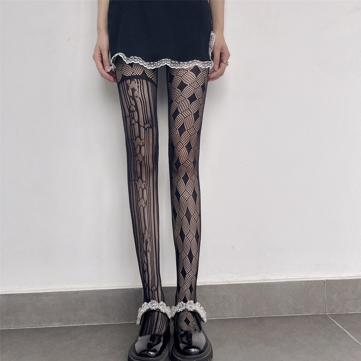 Ins Japanese AB Diamond Striped Love Jacquard Hollow Mesh Socks Pantyhose