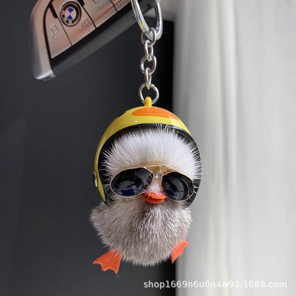 Cute Real Mink Fur Duck Helmet Keychain Plush Accessory