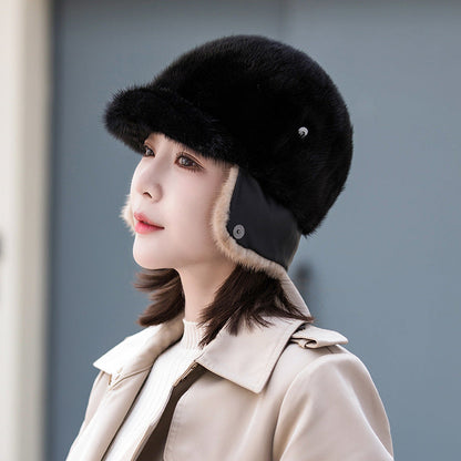 Warm Mink Fur Ear Flap Baseball Cap - Stylish Winter Accessory