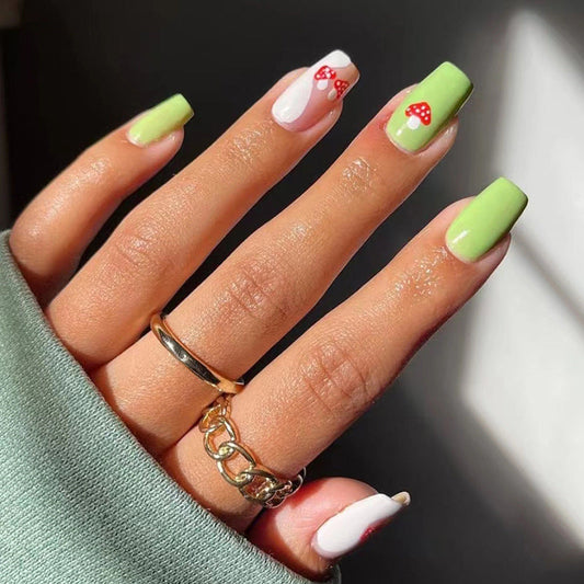 Natural Green Square Fall Nails for Ins Style