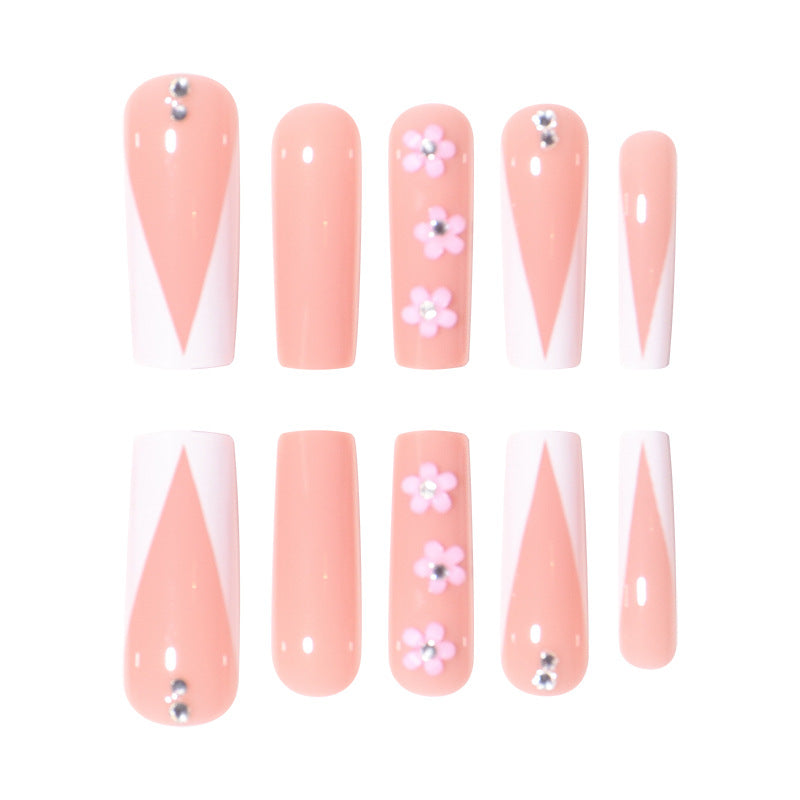 Long Waterpipe Nail Extensions with V French Floral Crystal