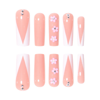 Long Waterpipe Nail Extensions with V French Floral Crystal