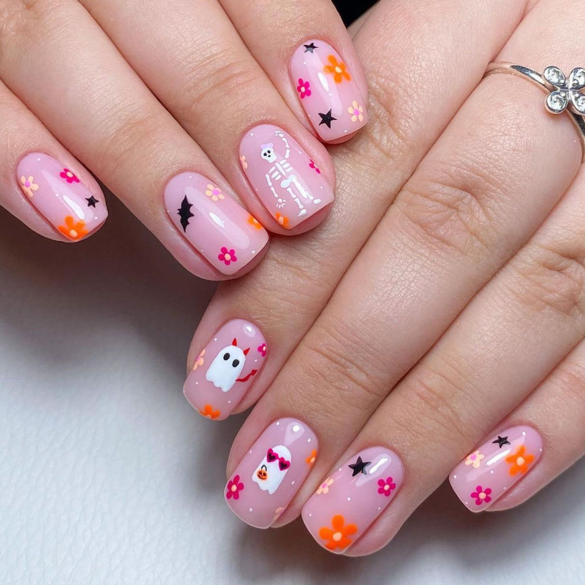 2024 Jelly Pink Cute Ghost Skull Short Square Nails