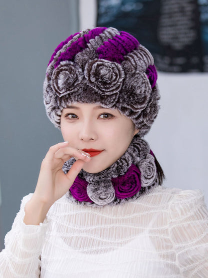 Warm Real Rabbit Fur Ear Flap Hat & Scarf Set