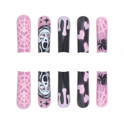 Spooky Fall Nails: Diamond-Accent Long Waterpipe Nail Tips with Heart, Spider, Skull Designs