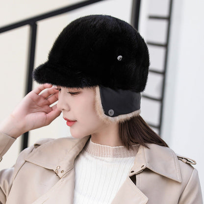 Warm Mink Fur Ear Flap Baseball Cap - Stylish Winter Accessory