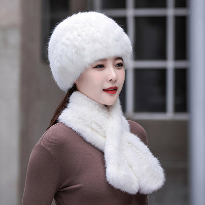 Warm Snow Rabbit Fur Ear Flap Hat & Scarf Set