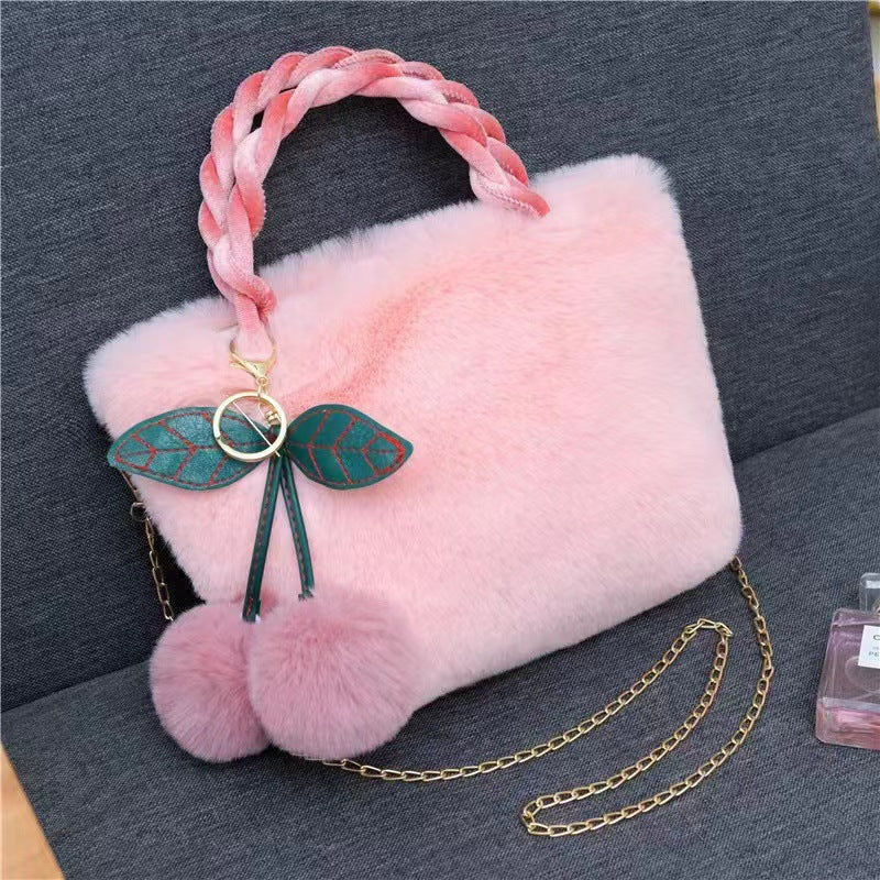 Cute Cherry Fuzzy Handbag Women's Winter Shoulder Tote