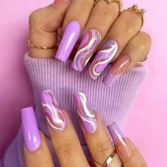 Long Purple Ballet Nails with Shimmering Fragment Patterns