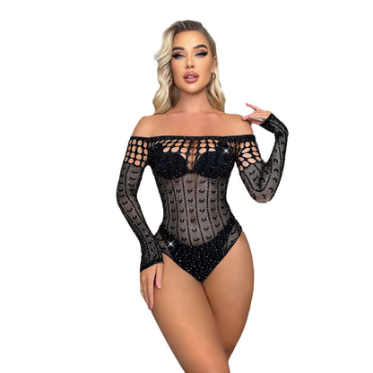 Sexy Hollow Love Full of Rhinestone Bikini Fishing Net Hot Diamond Sex Underwear