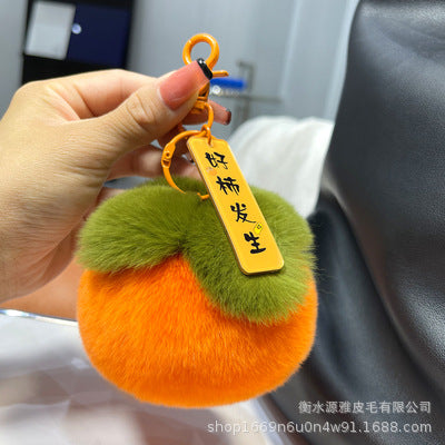 Lucky Persimmon Keychain - 7cm Real Rex Rabbit Fur