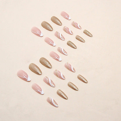 White Star Ripple Flashy Champagne Almond Nails Euro Wearable Nails Wholesale