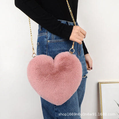 Fashionable Faux Fur Heart-Shaped Bag - Chain Crossbody Purse