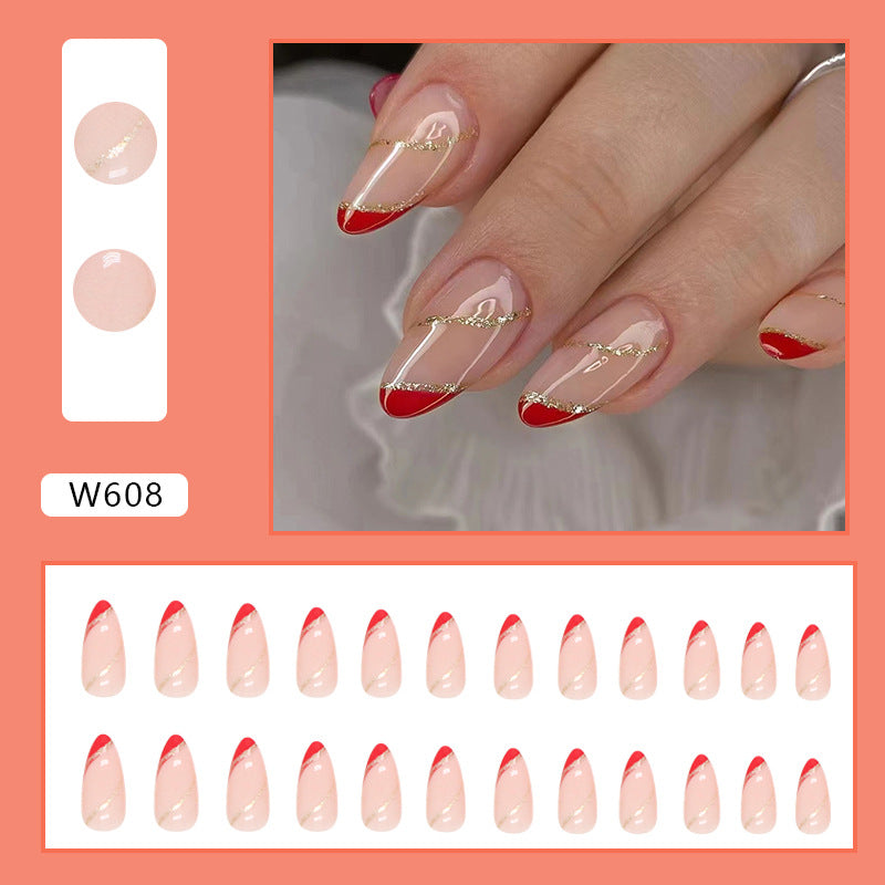 Almond Round Nails Glitter Wave Red Triangle French Bridal Festival Wearable Nails