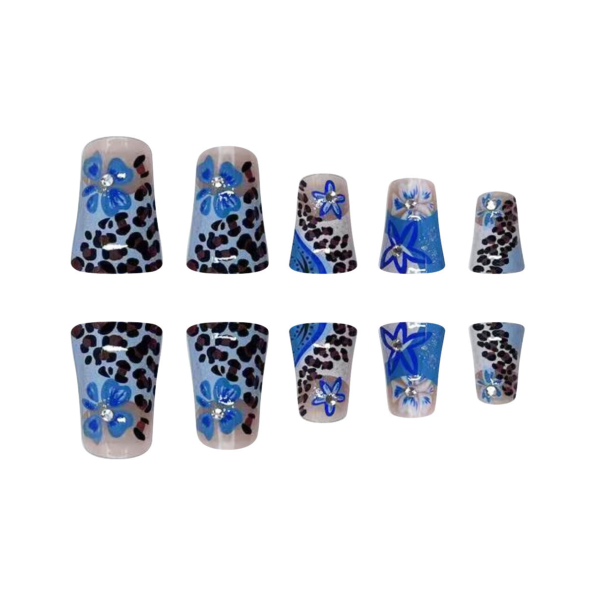 Summer Wave French Leopard Duckbill Nail Tips with 3D Rhinestones